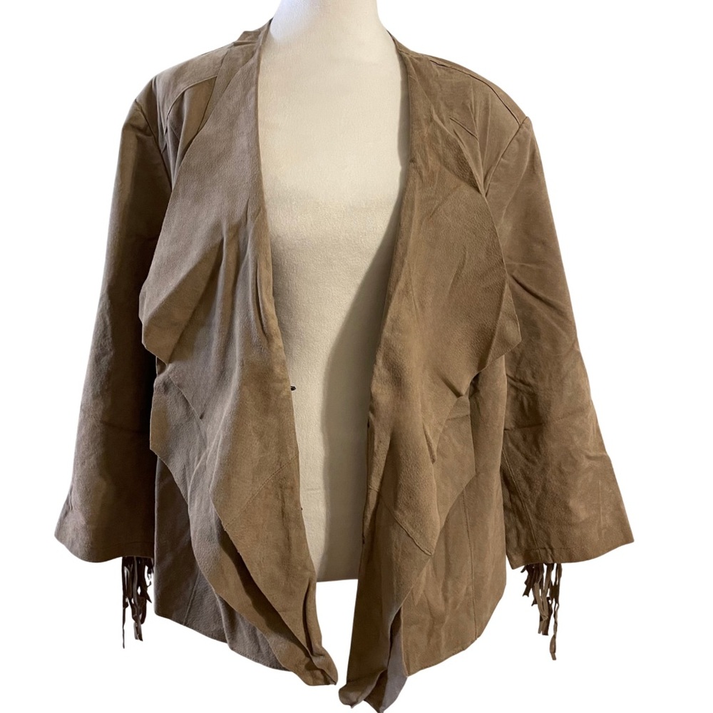 VINTAGE NWT JESSICA LONDON Suede Fringe Waterfall Jacket Tan Plus Size Y2K Boho - Picture 2 of 13